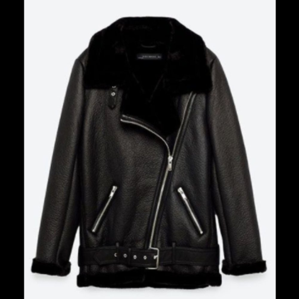 ZARA Black Faux Leather Shearling Fur Moto Jacket